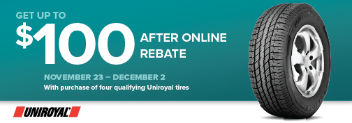 Uniroyal 4 tire up to $100 Visa Reward Card Mail in Rebate 11/23/2024 through 12/02/2024 rebate